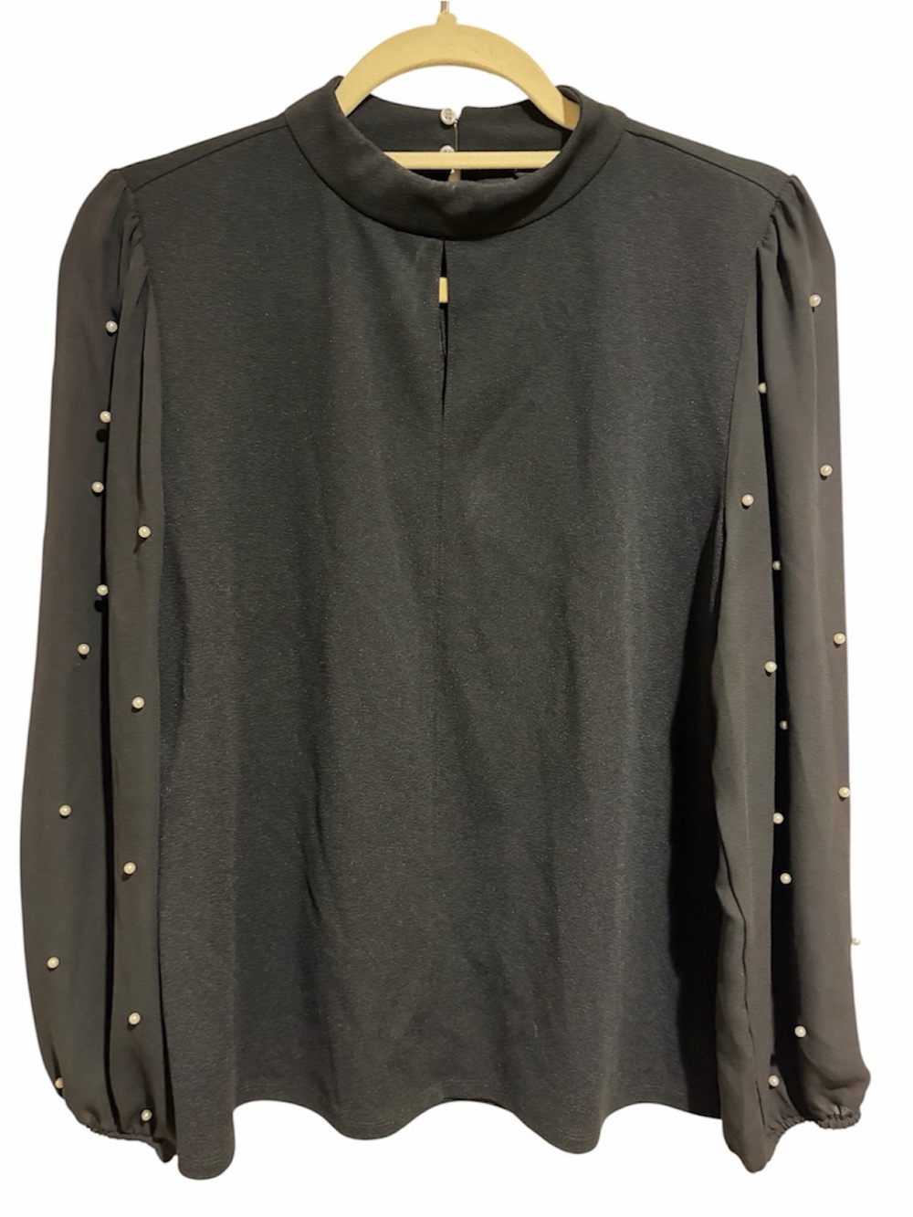 Ann Taylor Pearl Sheer Long Sleeve Mixed Media Mock Neck Blouse Top Large Petite